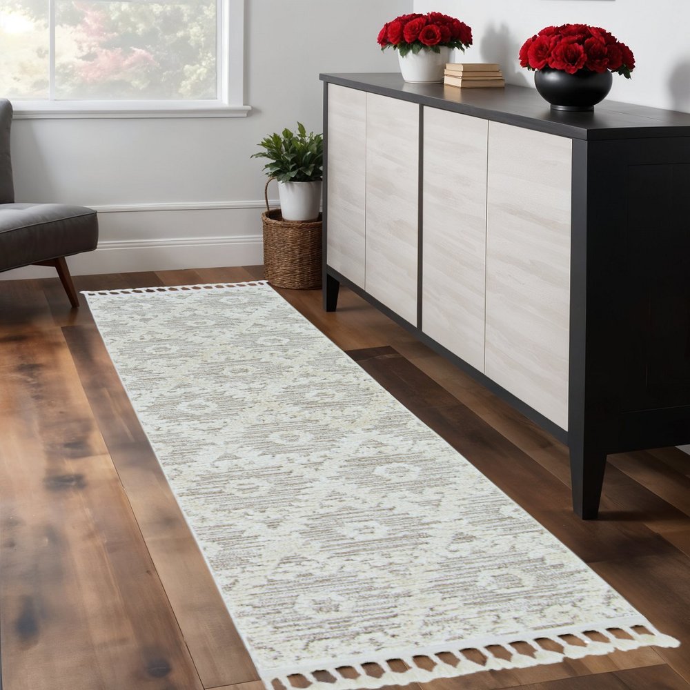 9' X 13' Beige and Ivory Geometric Area Rug