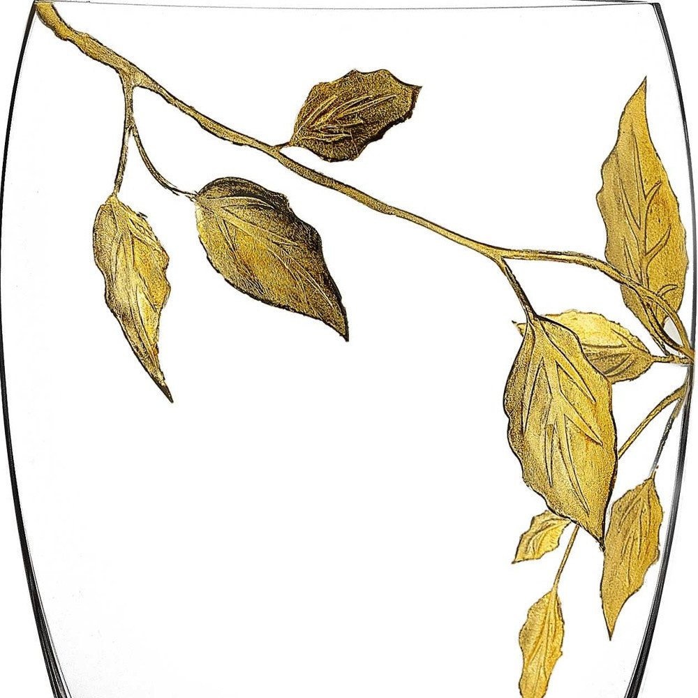 12" Clear And Gold Leaves Oval Crystal Glass Table Vase