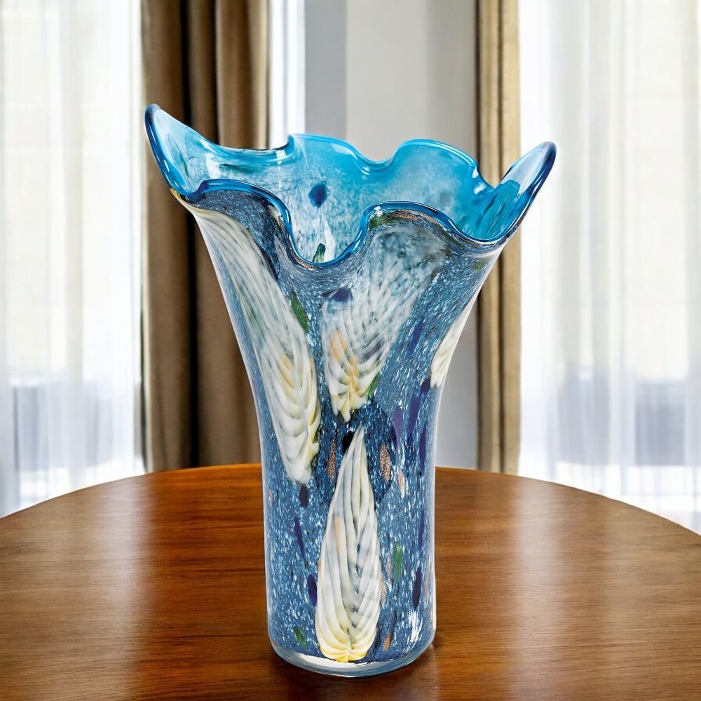 17" Blue And Green Cylinder Crystal Glass Table Vase