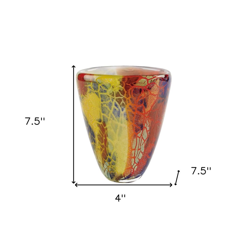 8" Orange Red and Yellow Murano Glass Abstract Oval Table Vase
