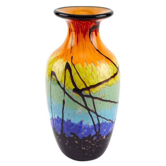 11" Black Blue Red And Yellow Abstract Urn Handblown Glass Table Vase