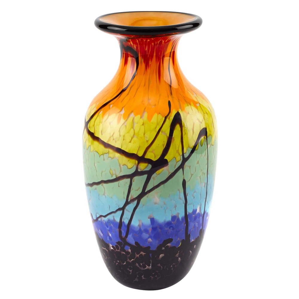 11" Black Blue Red And Yellow Abstract Urn Handblown Glass Table Vase