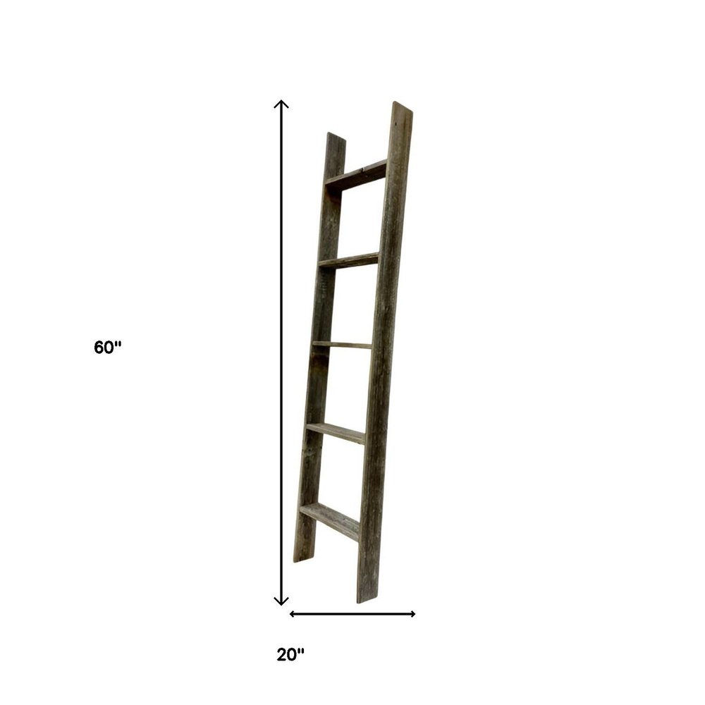 60" Gray Rustic Five Step Wood Ladder Shelf