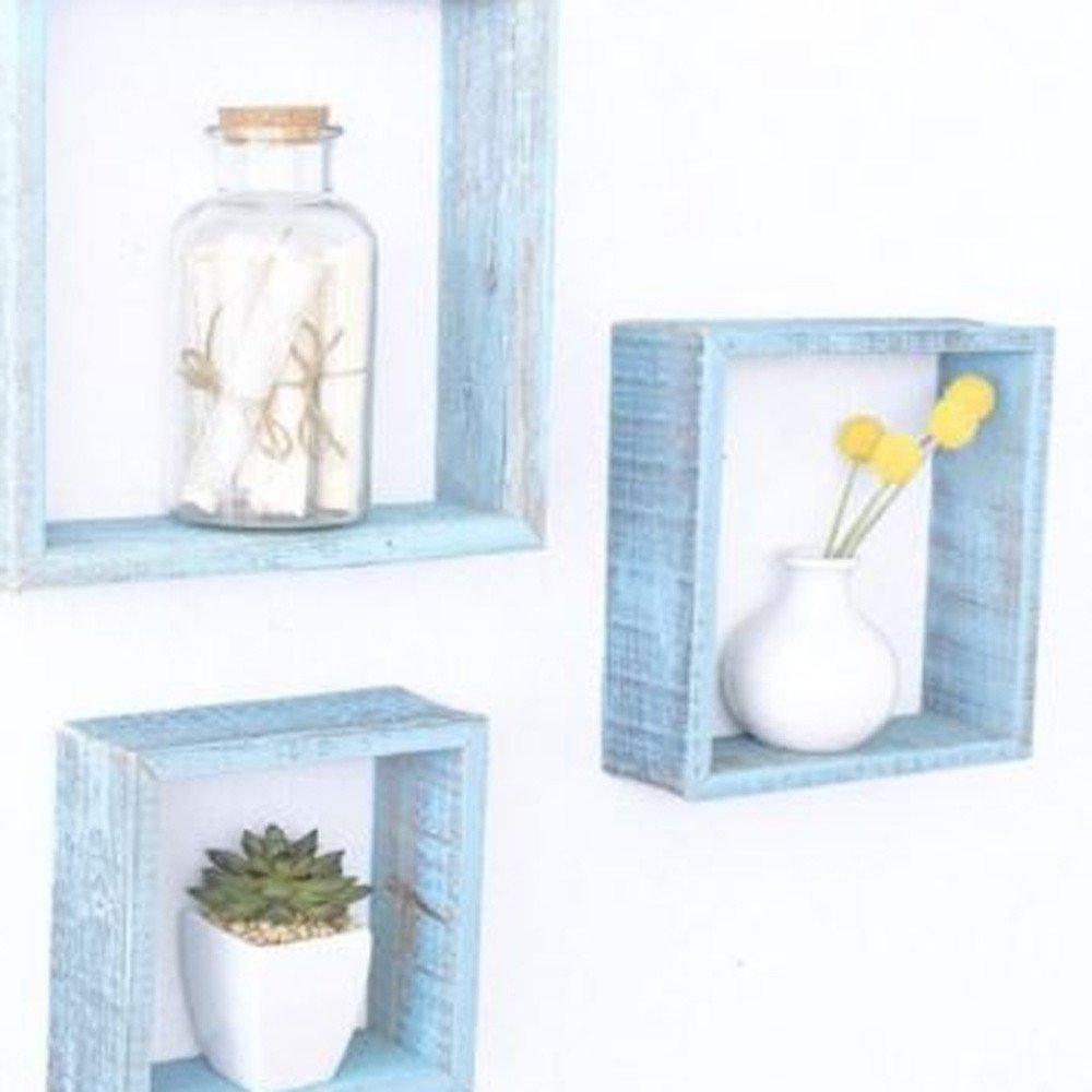 Set Of 3 Square Robins Egg Blue Reclaimed Wood Open Box Shelve