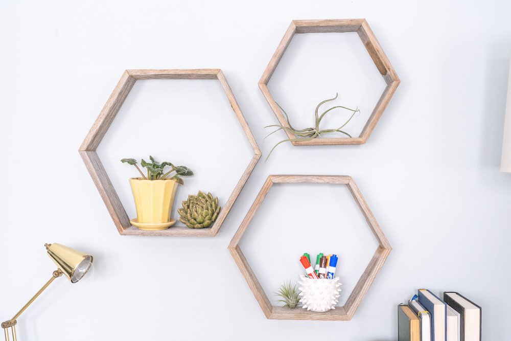 Set of Three Gray Wood Hexagon Wood Open Box Shelves