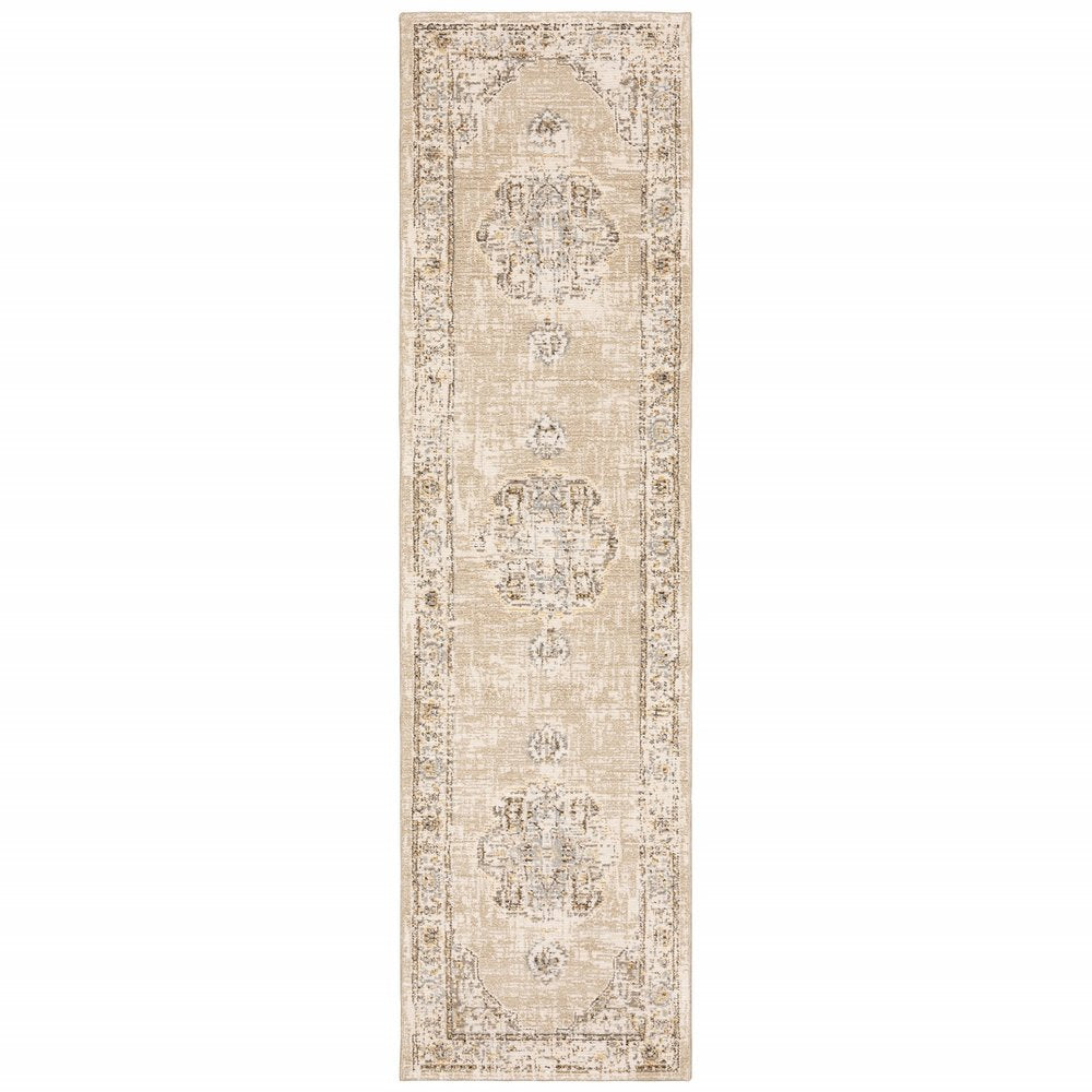 8' Beige And Ivory Medallion Runner Rug
