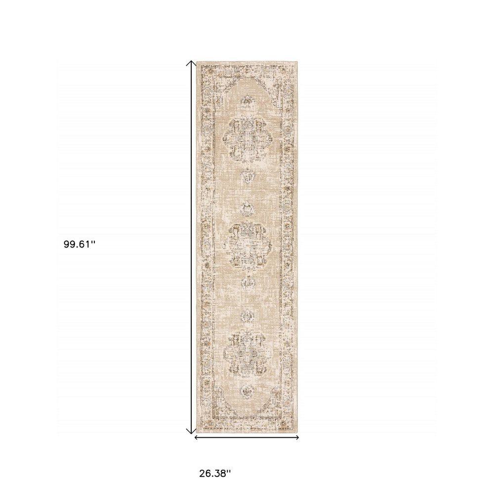 8' Beige And Ivory Medallion Runner Rug