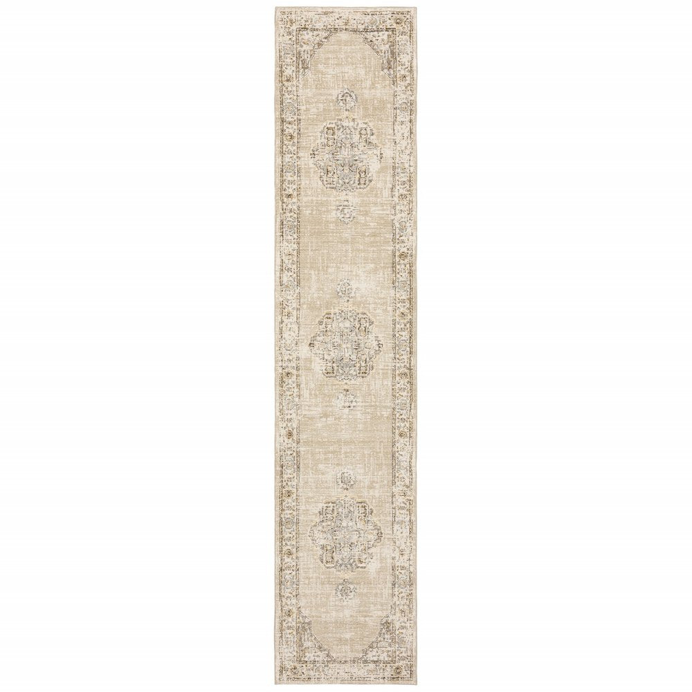 8' Beige And Ivory Medallion Runner Rug