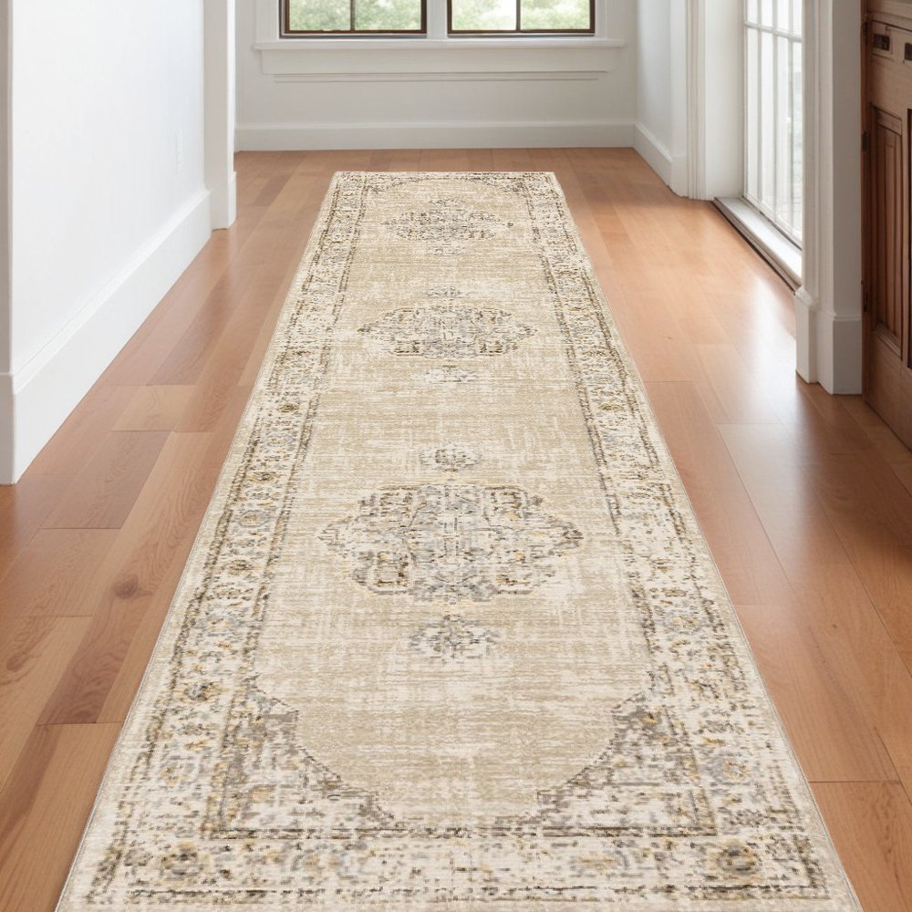 8' Beige And Ivory Medallion Runner Rug