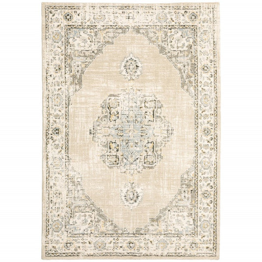 8' Beige And Ivory Medallion Runner Rug