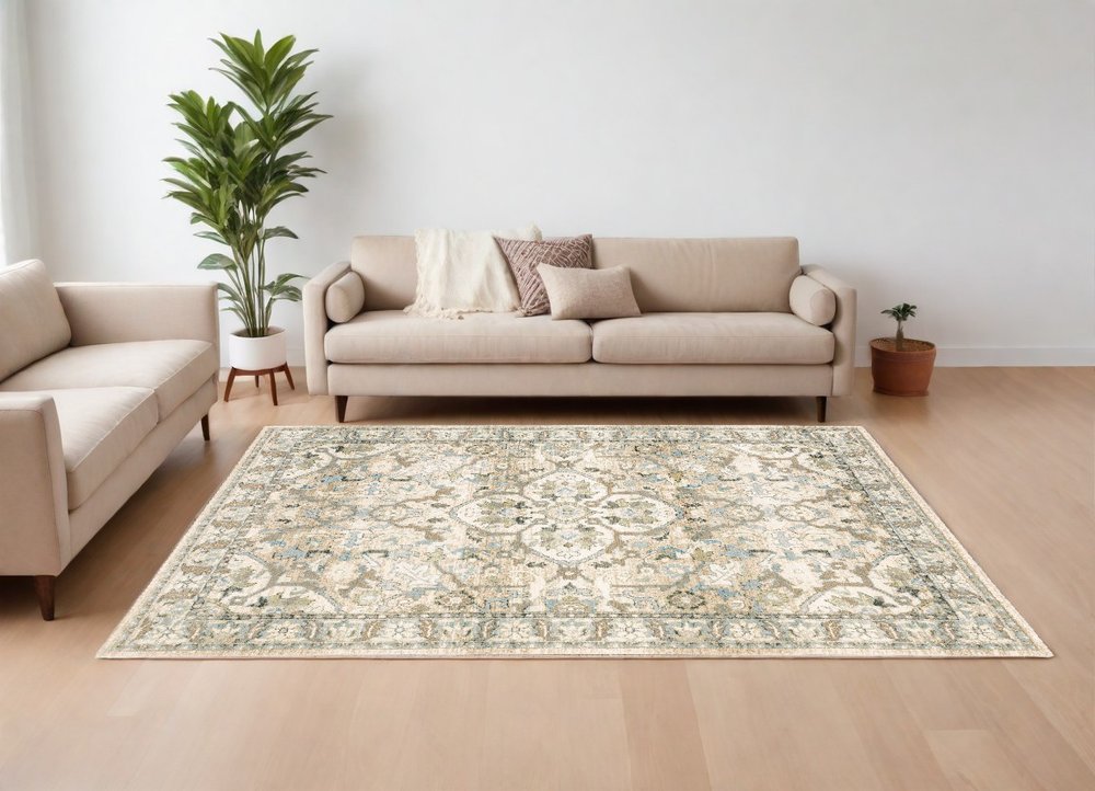 3' X 12' Beige And Ivory Medallion Runner Rug