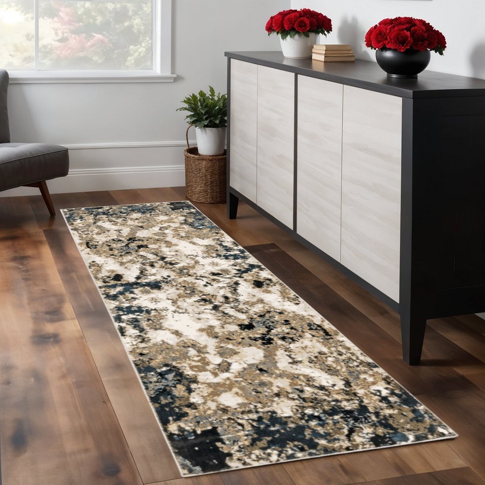 8' X 11' Ivory And Navy Blue Abstract Area Rug