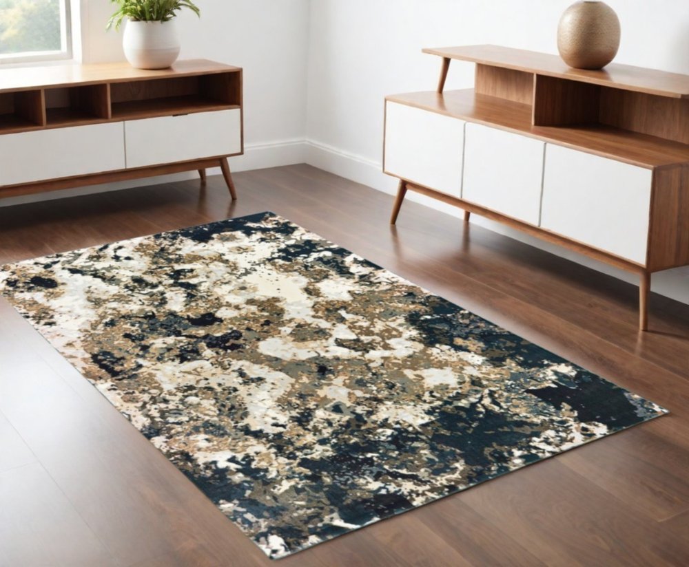 8' X 11' Ivory And Navy Blue Abstract Area Rug