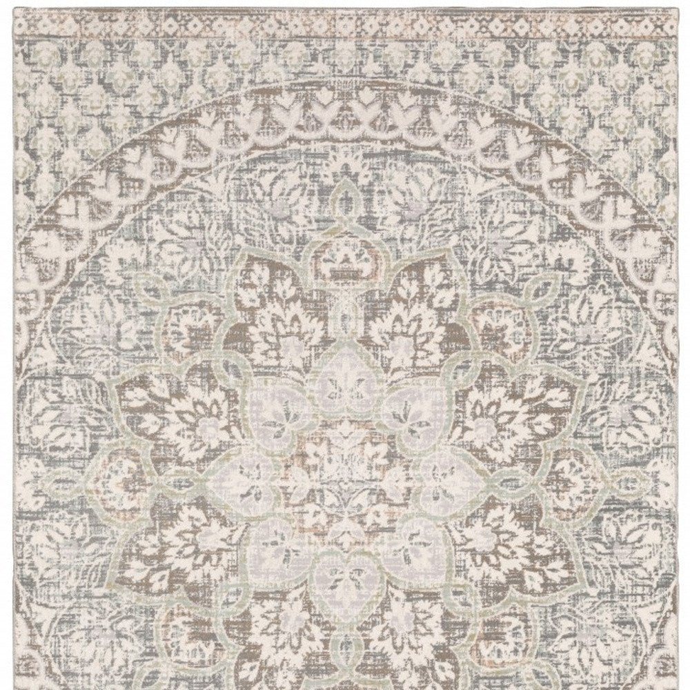 10' X 13' Ivory And Gray Medallion Distressed Area Rug