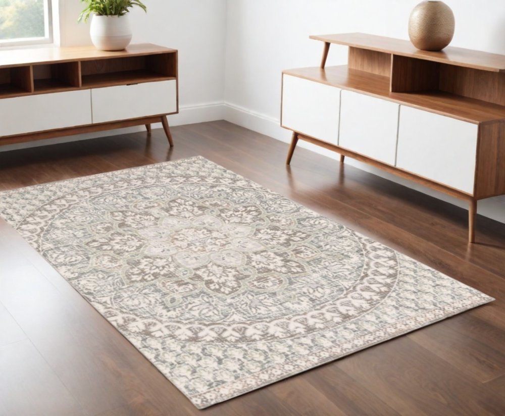 10' X 13' Ivory And Gray Medallion Distressed Area Rug