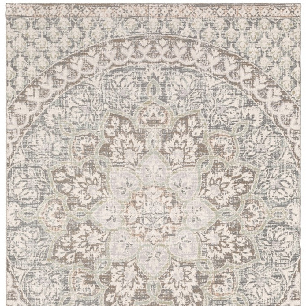 10' X 13' Ivory And Gray Medallion Distressed Area Rug