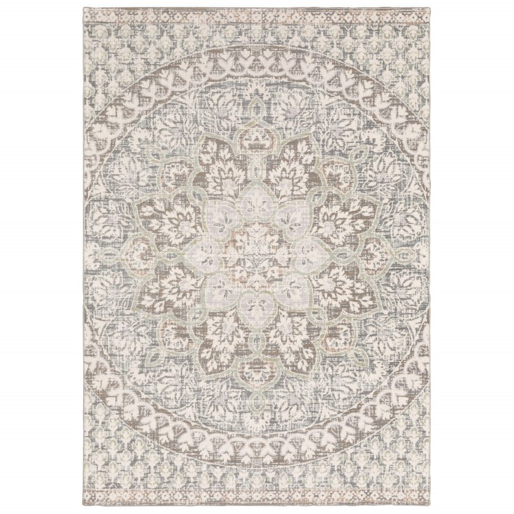 10' X 13' Ivory And Gray Medallion Distressed Area Rug