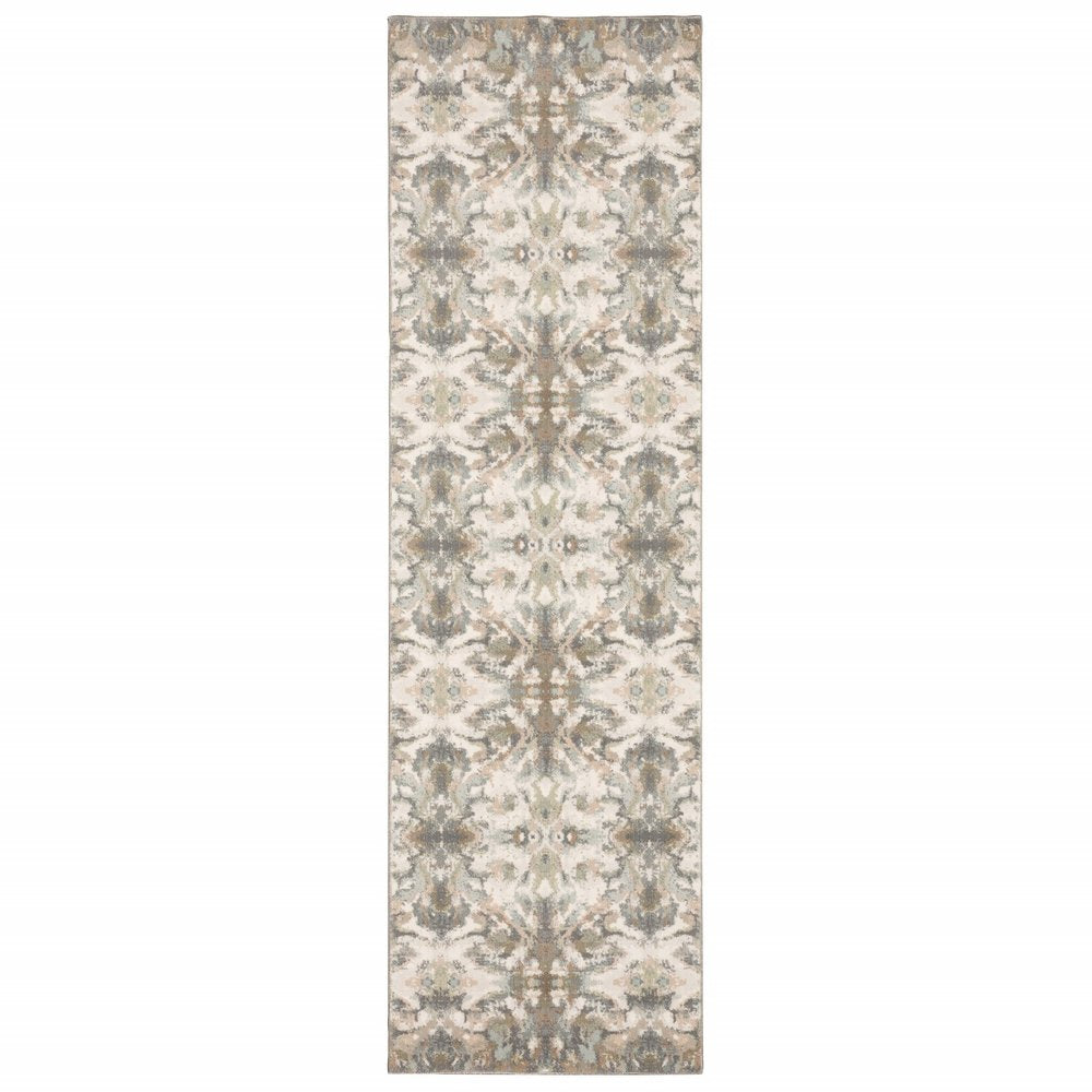 7' Ivory Gray Abstract Ikat Indoor Runner Rug