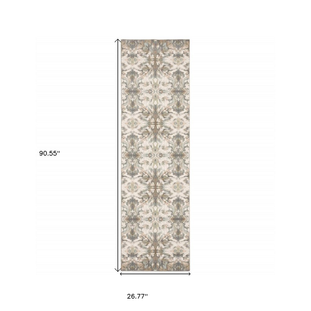 7' Ivory Gray Abstract Ikat Indoor Runner Rug