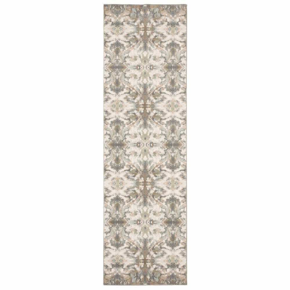 7' Ivory Gray Abstract Ikat Indoor Runner Rug