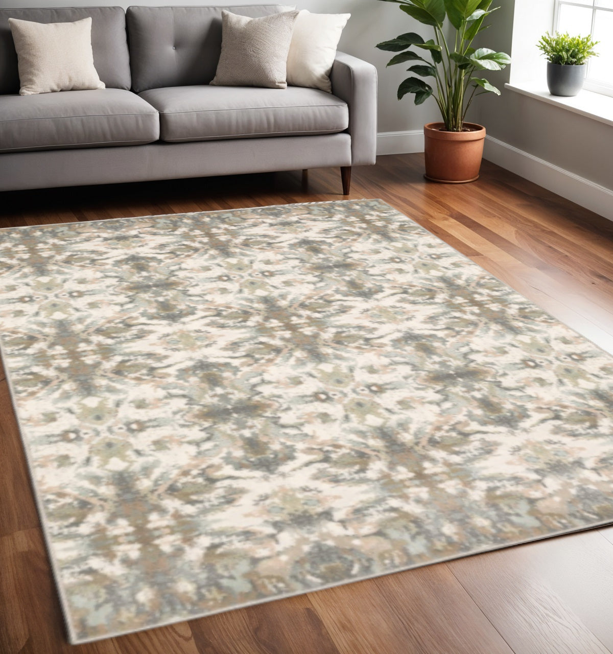 7' Ivory Gray Abstract Ikat Indoor Runner Rug