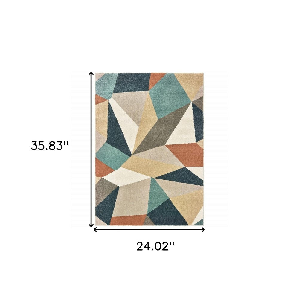 2' X 3' Blue Green And Beige Abstract Geometric Area Rug