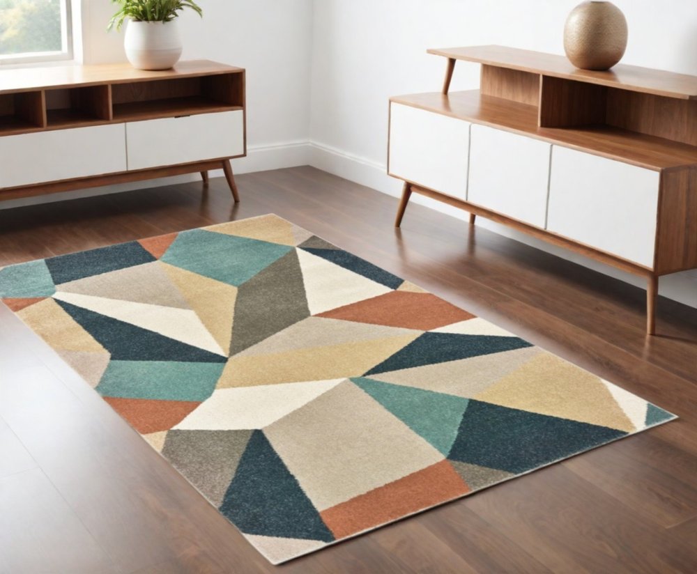 2' X 3' Blue Green And Beige Abstract Geometric Area Rug