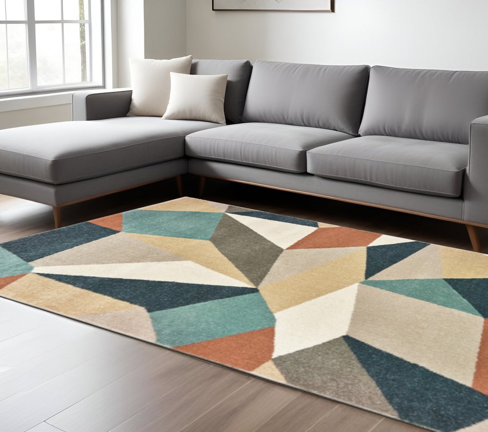 2' X 3' Blue Green And Beige Abstract Geometric Area Rug