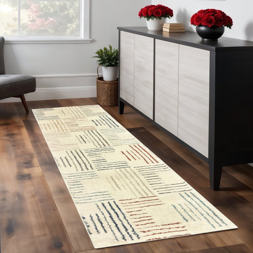 8' Ivory And Blue Runner Rug