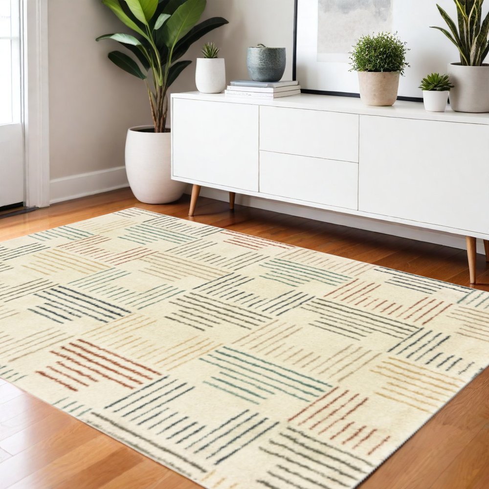 8' Ivory And Blue Runner Rug