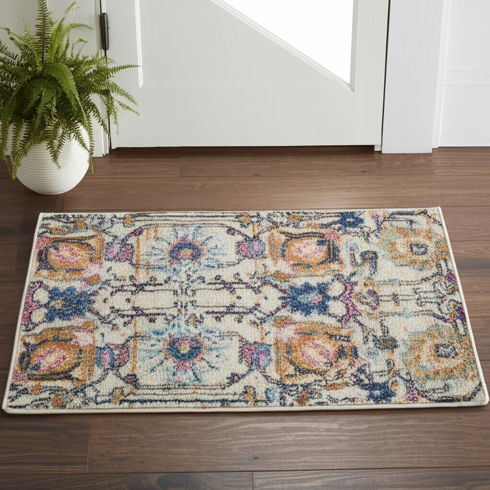 7' X 10' Ivory And Blue Floral Area Rug