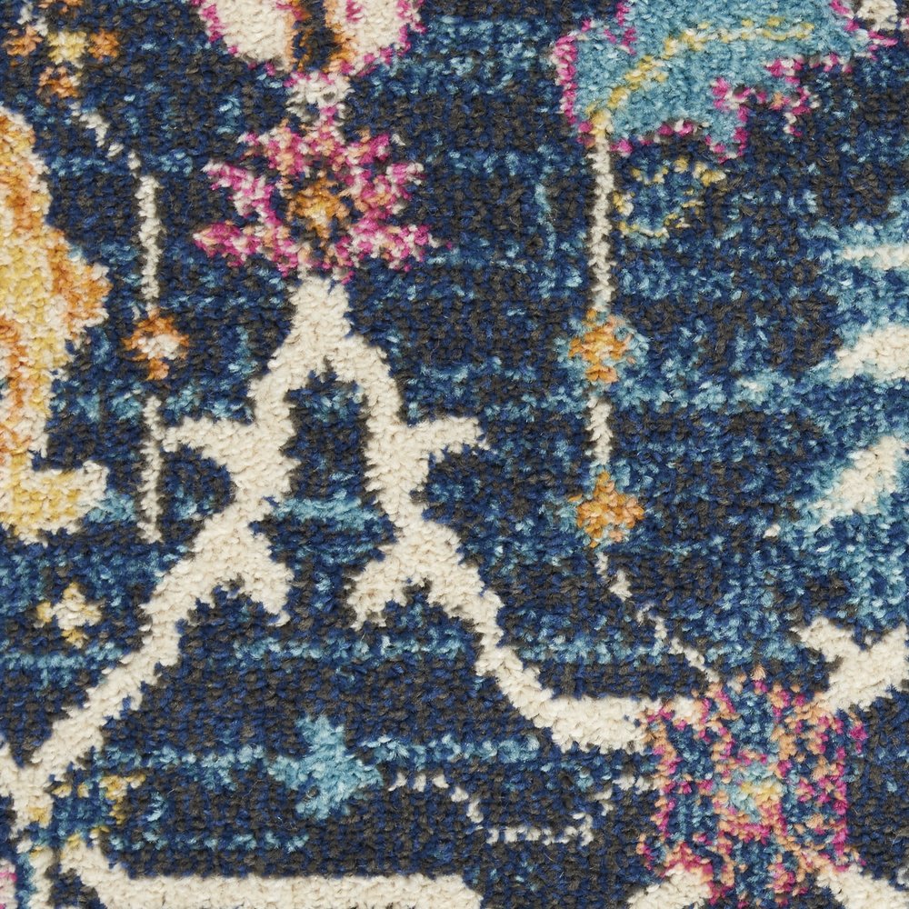 10' Navy Blue Yellow And Pink Floral Runner Rug