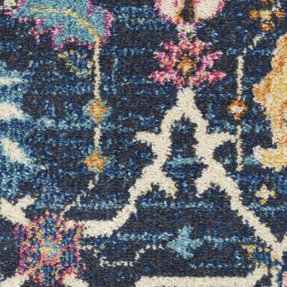 10' Navy Blue Yellow And Pink Floral Runner Rug