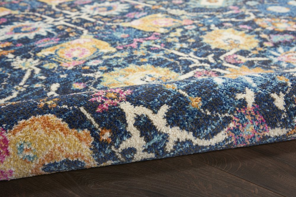 10' Navy Blue Yellow And Pink Floral Runner Rug
