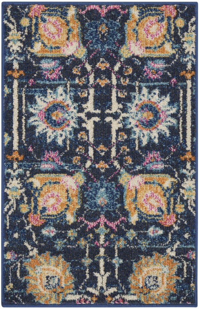 10' Navy Blue Yellow And Pink Floral Runner Rug
