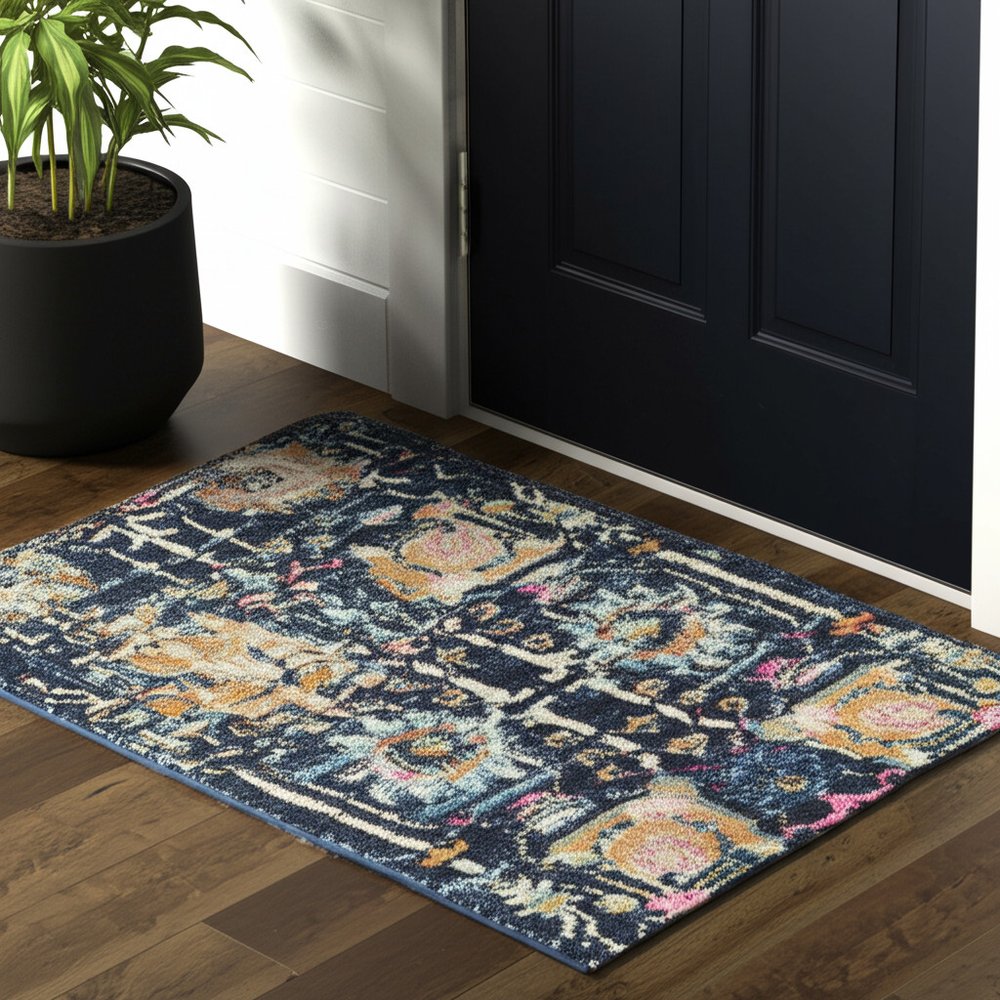 10' Navy Blue Yellow And Pink Floral Runner Rug