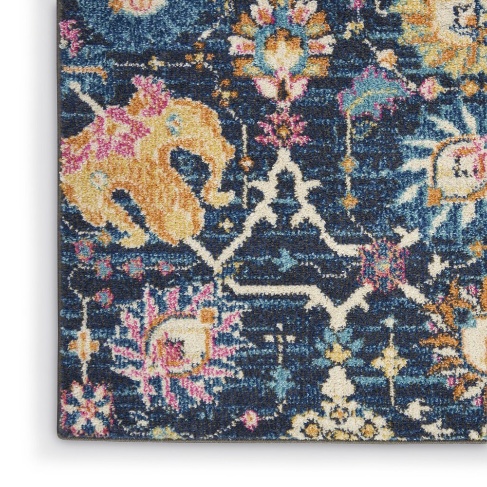 10' Navy Blue Yellow And Pink Floral Runner Rug