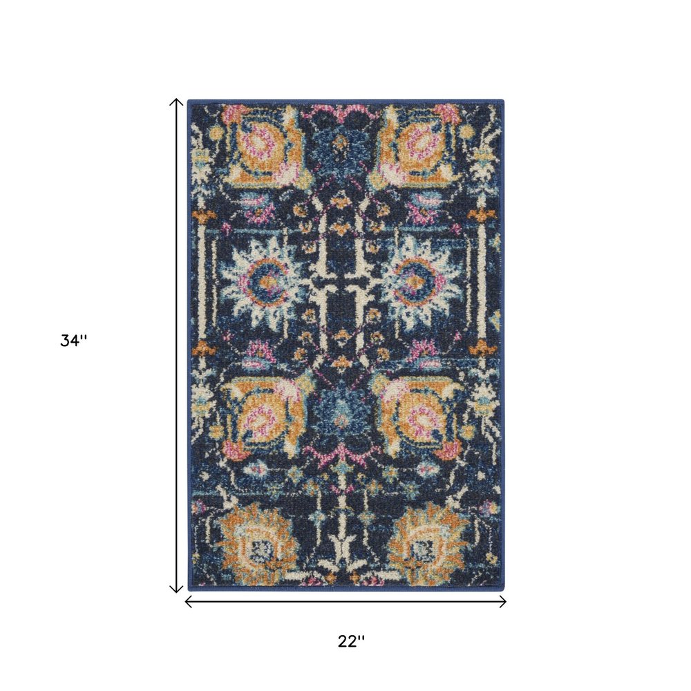 10' Navy Blue Yellow And Pink Floral Runner Rug