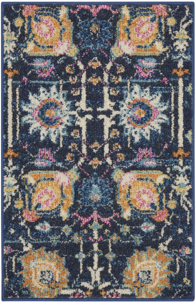 10' Navy Blue Yellow And Pink Floral Runner Rug
