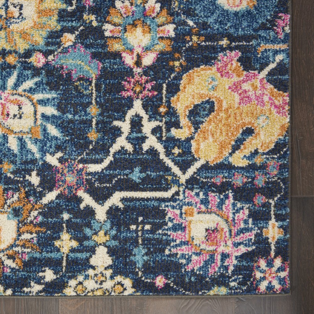 10' Navy Blue Yellow And Pink Floral Runner Rug