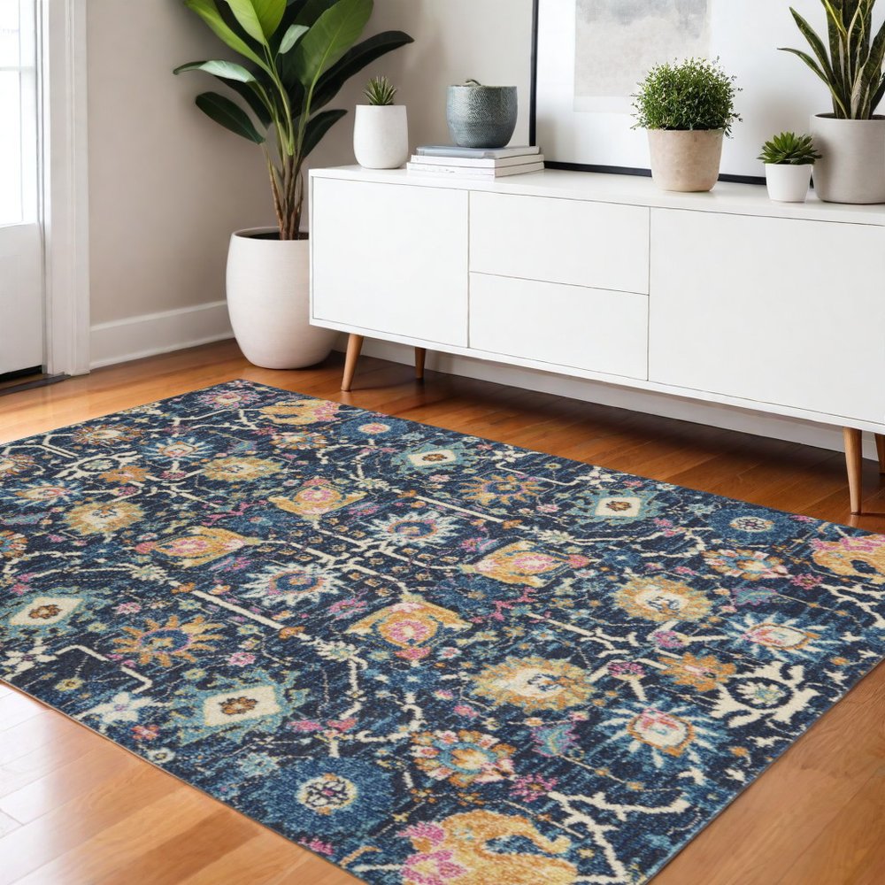 4' X 6' Navy Blue Yellow And Pink Floral Area Rug