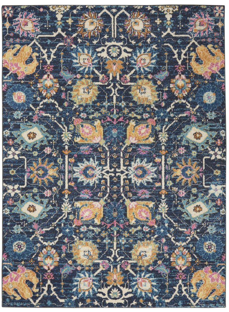 4' X 6' Navy Blue Yellow And Pink Floral Area Rug