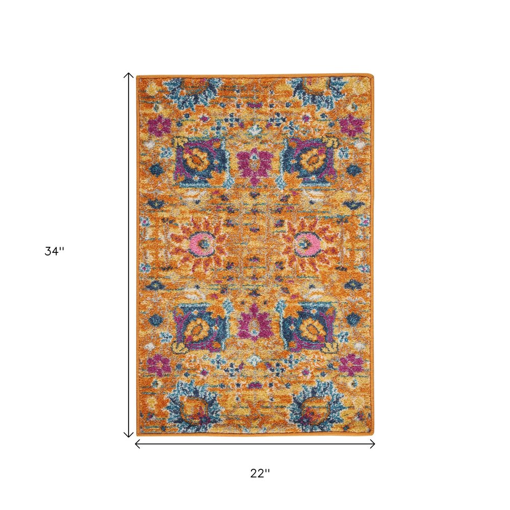 7' X 10' Blue And Orange Floral Distressed Area Rug