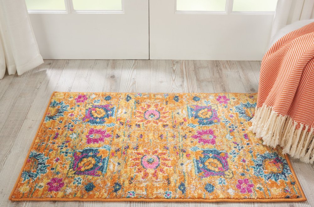 7' X 10' Blue And Orange Floral Distressed Area Rug