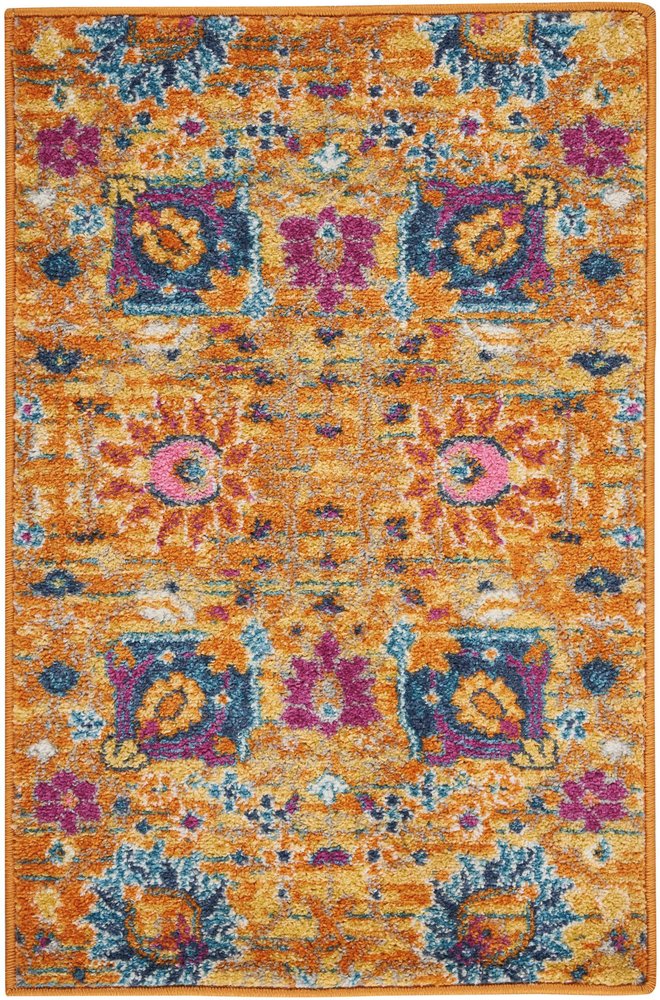 7' X 10' Blue And Orange Floral Distressed Area Rug