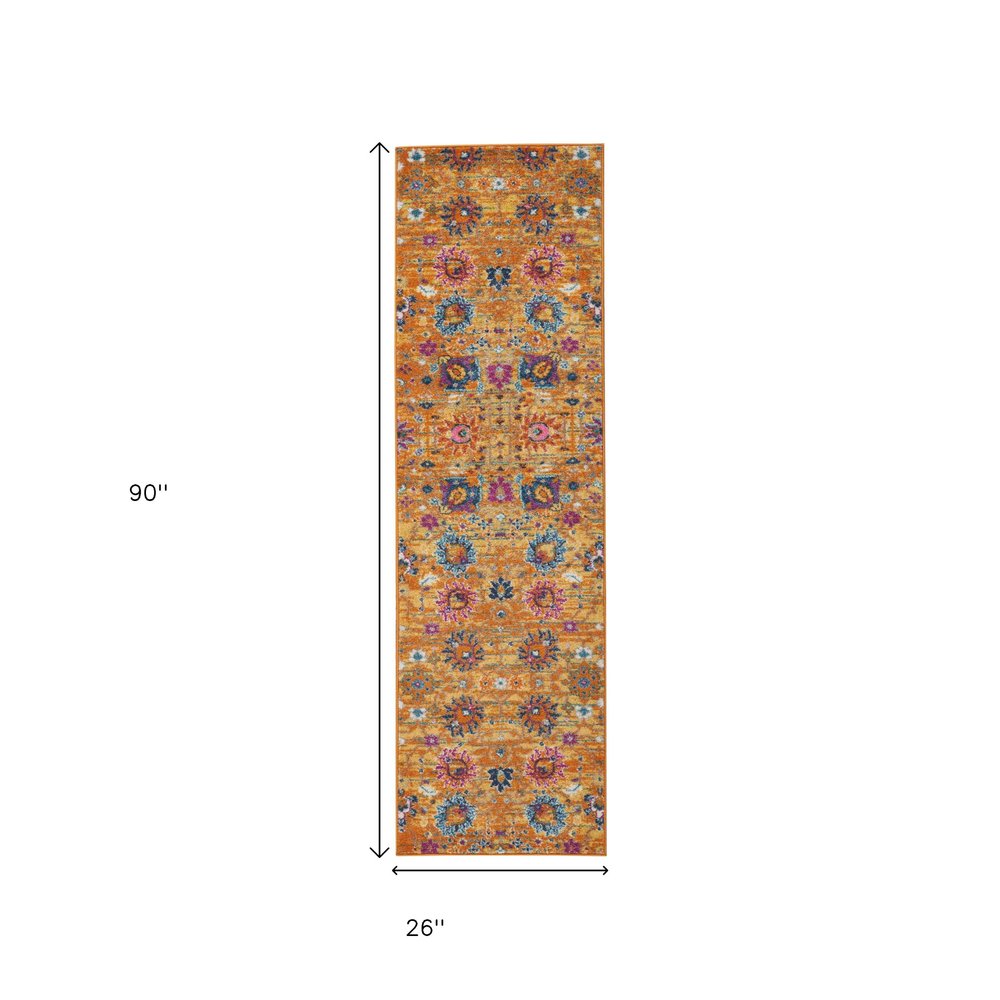 7' X 10' Blue And Orange Floral Distressed Area Rug