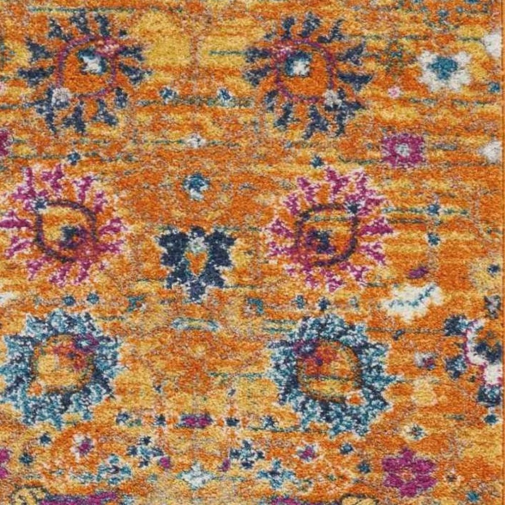 7' X 10' Blue And Orange Floral Distressed Area Rug