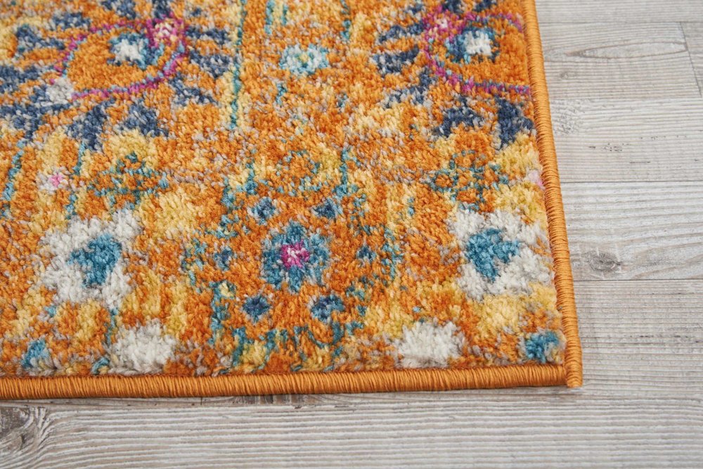 7' X 10' Blue And Orange Floral Distressed Area Rug
