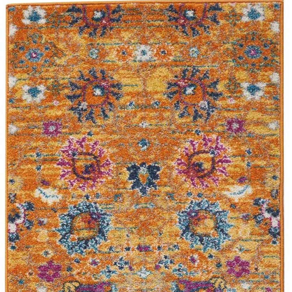 7' X 10' Blue And Orange Floral Distressed Area Rug