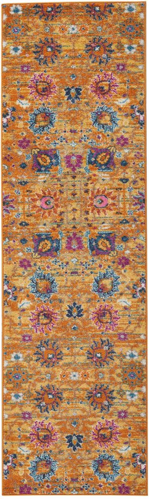 7' X 10' Blue And Orange Floral Distressed Area Rug